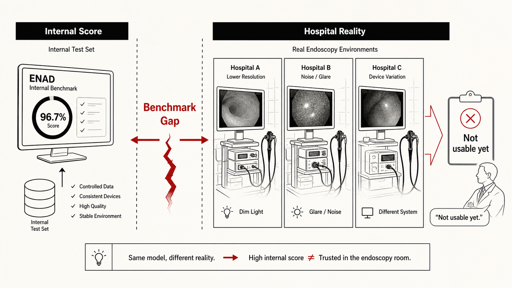 Generated contrast diagram showing ENAD internal score versus hospital reality and physician not usable feedback